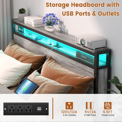 Cadre de lit plateforme en bois de style ferme avec station de charge et lumières LED