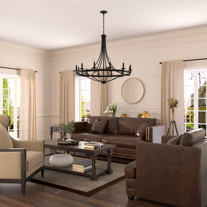 Lustre Empire à 12 lumières de style ferme moderne Fidenza avec roue de chariot et UL - D40'' * H135''