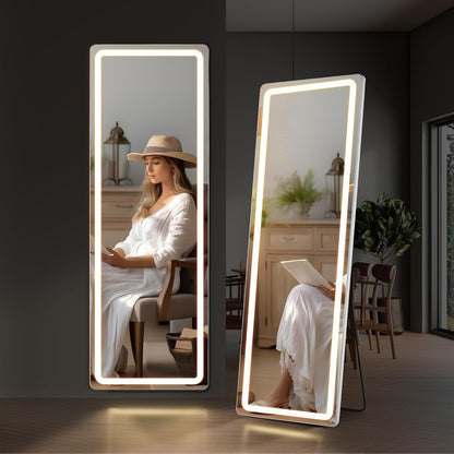 Miroir de sol avec éclairage LED, 64 x 21, miroir pleine longueur avec support, miroir suspendu, miroir mural, miroir intégral