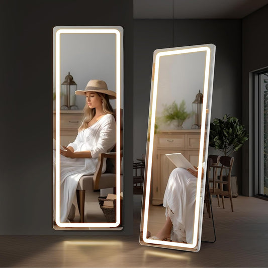 Miroir de sol avec éclairage LED, 64 x 21, miroir pleine longueur avec support, miroir suspendu, miroir mural, miroir intégral