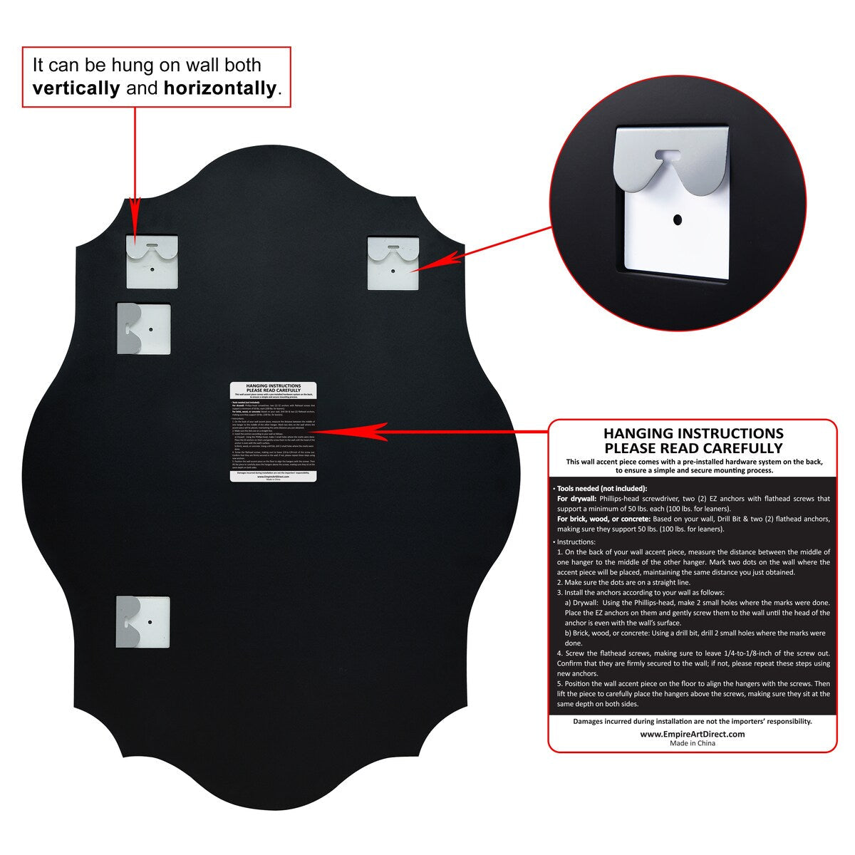 Miroir mural festonné élégant, oblong et biseauté, sans cadre