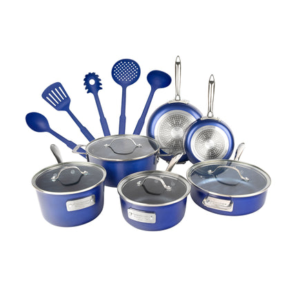 Batterie de cuisine antiadhésive Stackmaster Granitestone Blue 15 pièces avec couvercles en verre