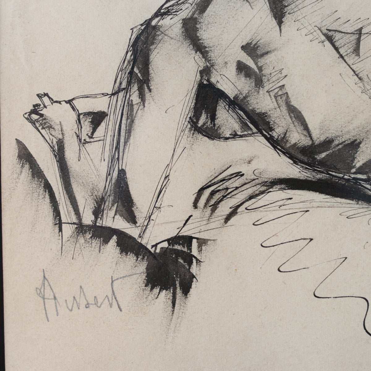 Encre et aquarelle encadrées représentant un nu allongé