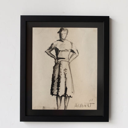 Encre et aquarelle encadrée : Femme aux mains sur les hanches | Guy Aubert