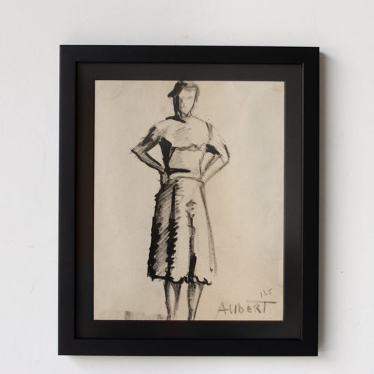 Encre et aquarelle encadrée : Femme aux mains sur les hanches | Guy Aubert