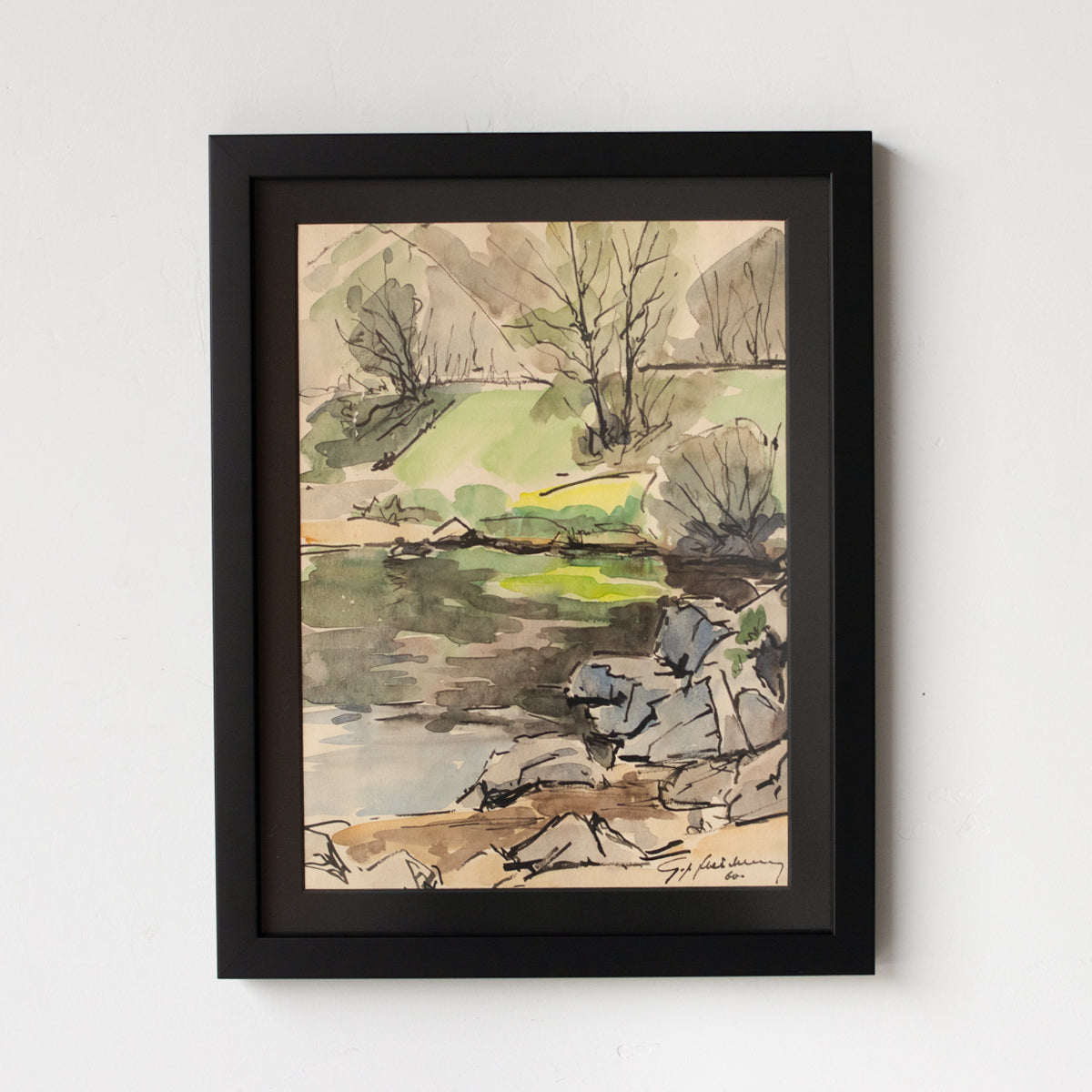 Aquarelle encadrée avec étang et arbres | Datée de 1960