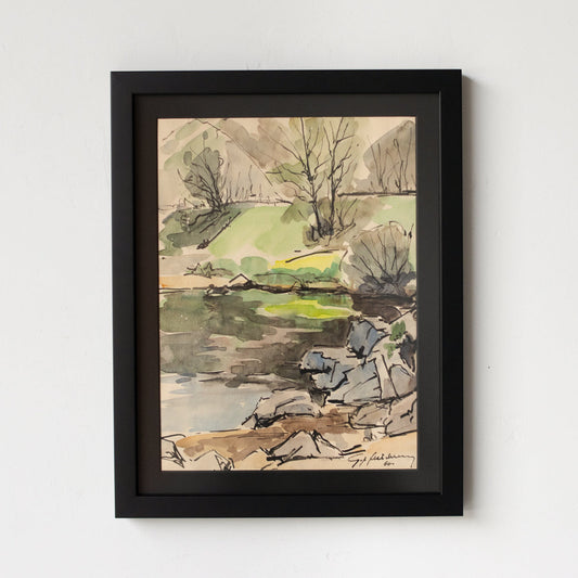 Aquarelle encadrée avec étang et arbres | Datée de 1960
