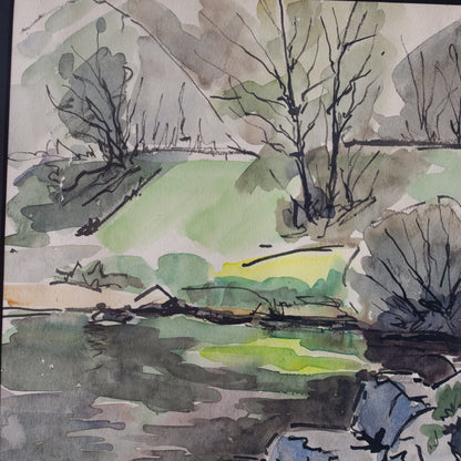 Aquarelle encadrée avec étang et arbres | Datée de 1960