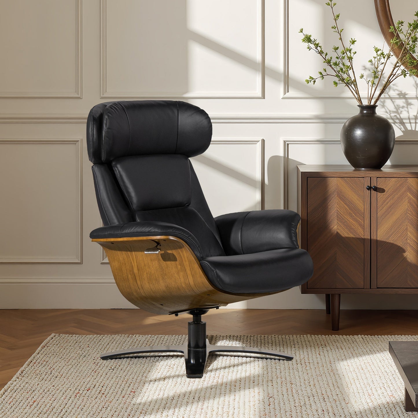 Fauteuil inclinable Jovan 31,5 en bois courbé et cuir véritable