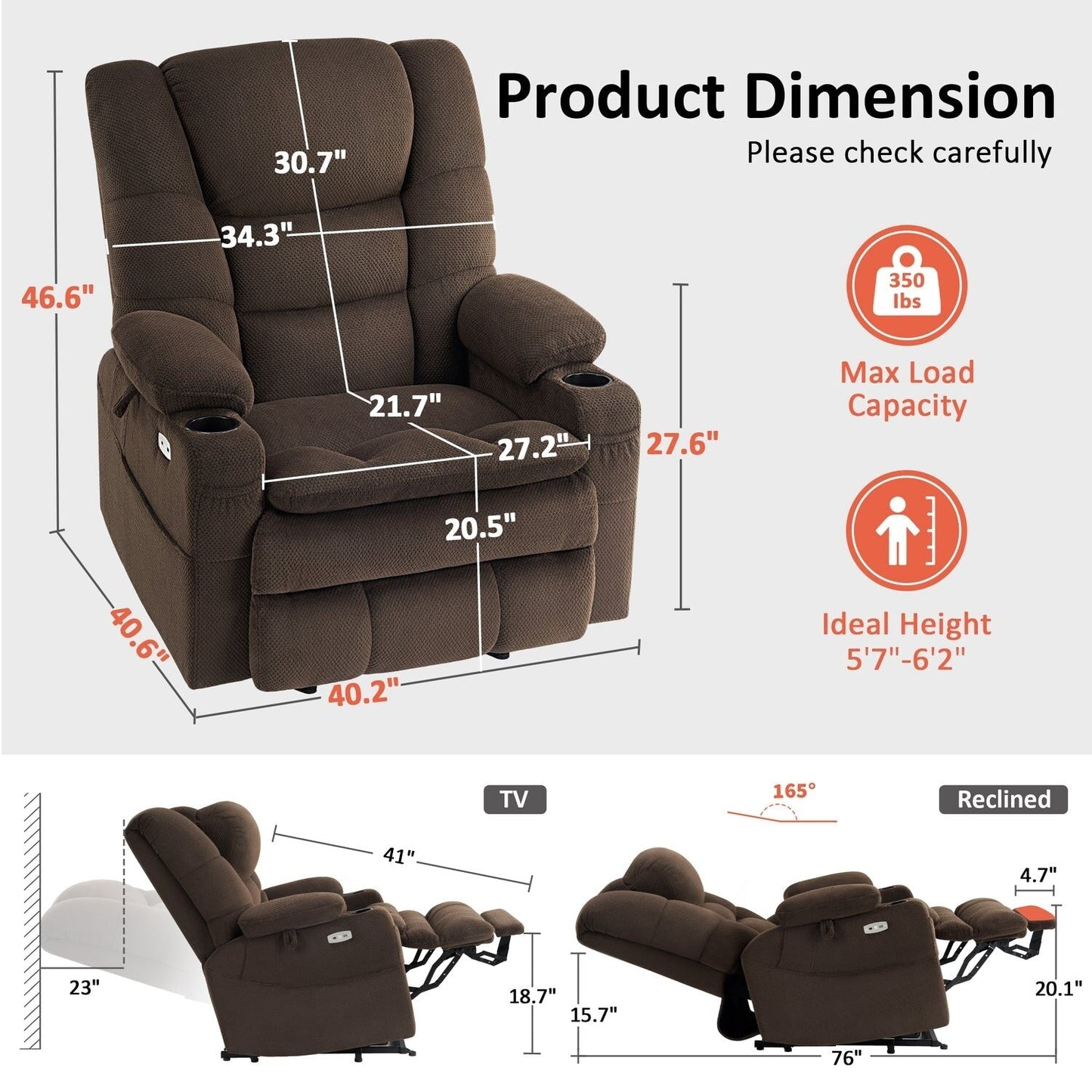 Fauteuil inclinable électrique à double moteur MCombo, grand format, avec massage et double chauffage, pour personnes âgées de grande taille, tissu R7635