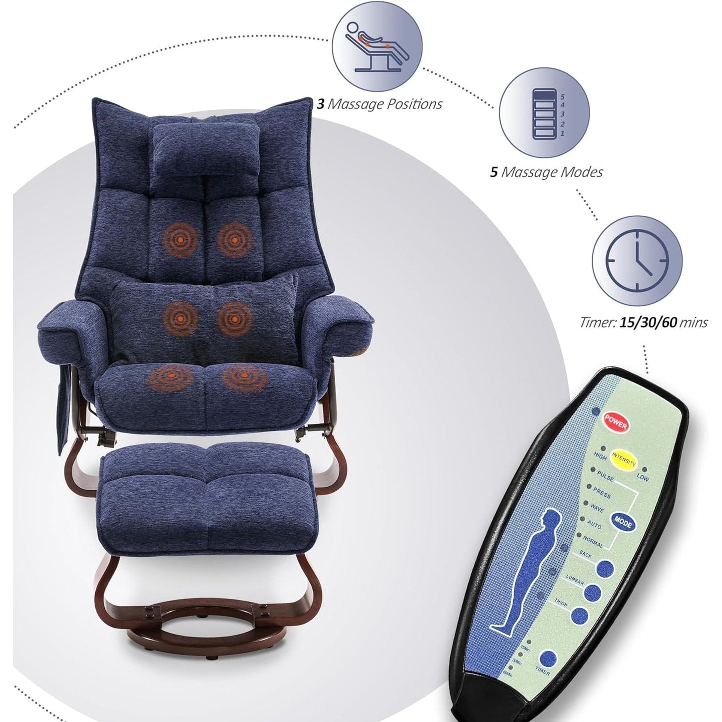 Ensemble de 2 fauteuils inclinables pivotants avec pouf et coussin de nuque, tissu chenille