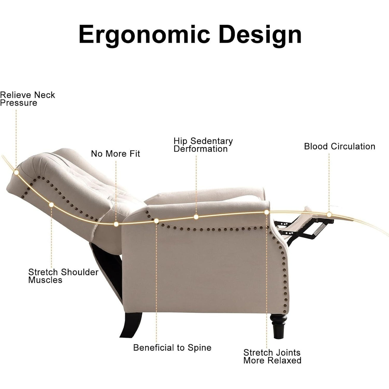 Fauteuil inclinable à dossier relevable, fauteuil en tissu avec décoration rivetée, fauteuil d'appoint simple
