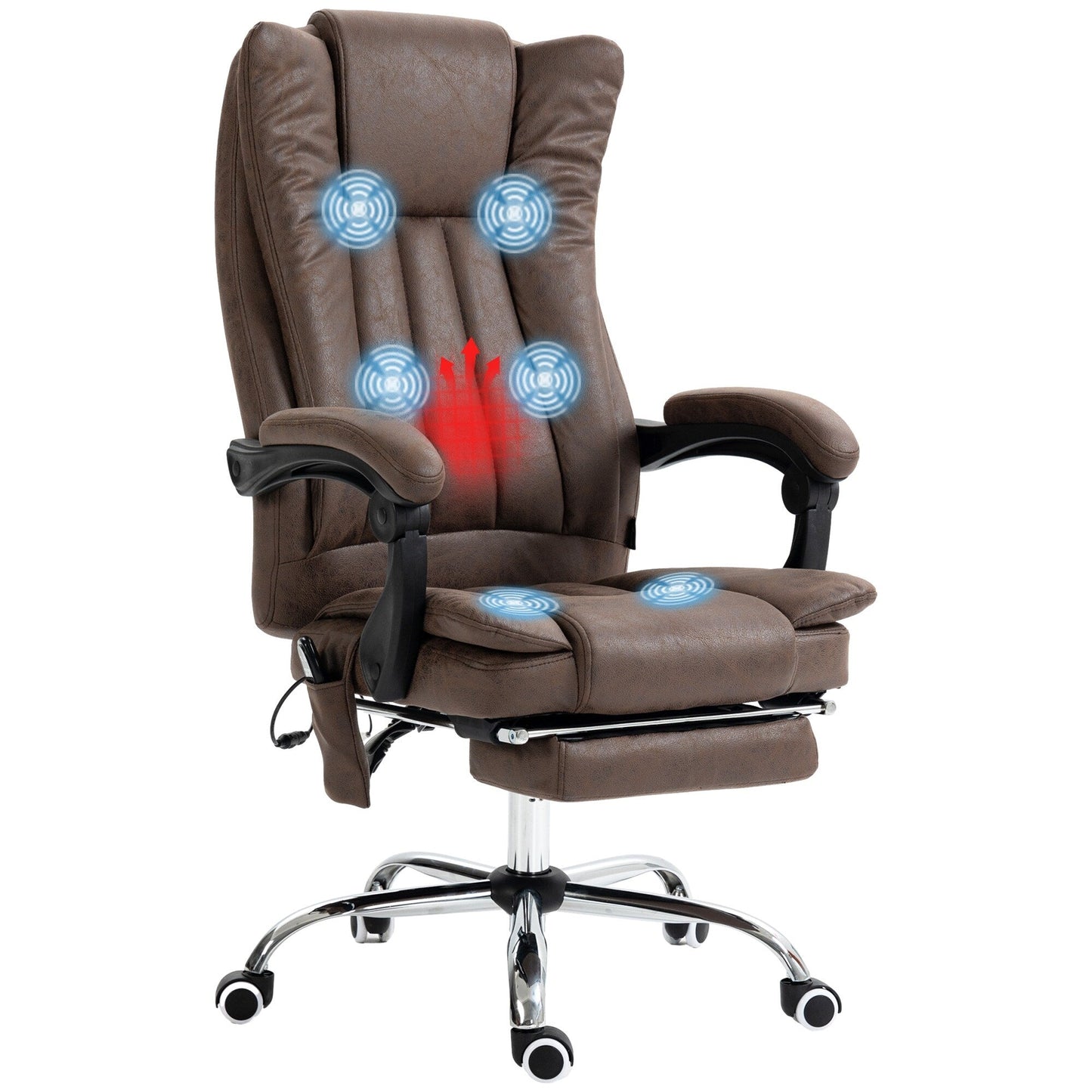 Fauteuil de bureau ergonomique de massage en microfibre, dossier haut, inclinable, chauffant, repose-pieds et télécommande