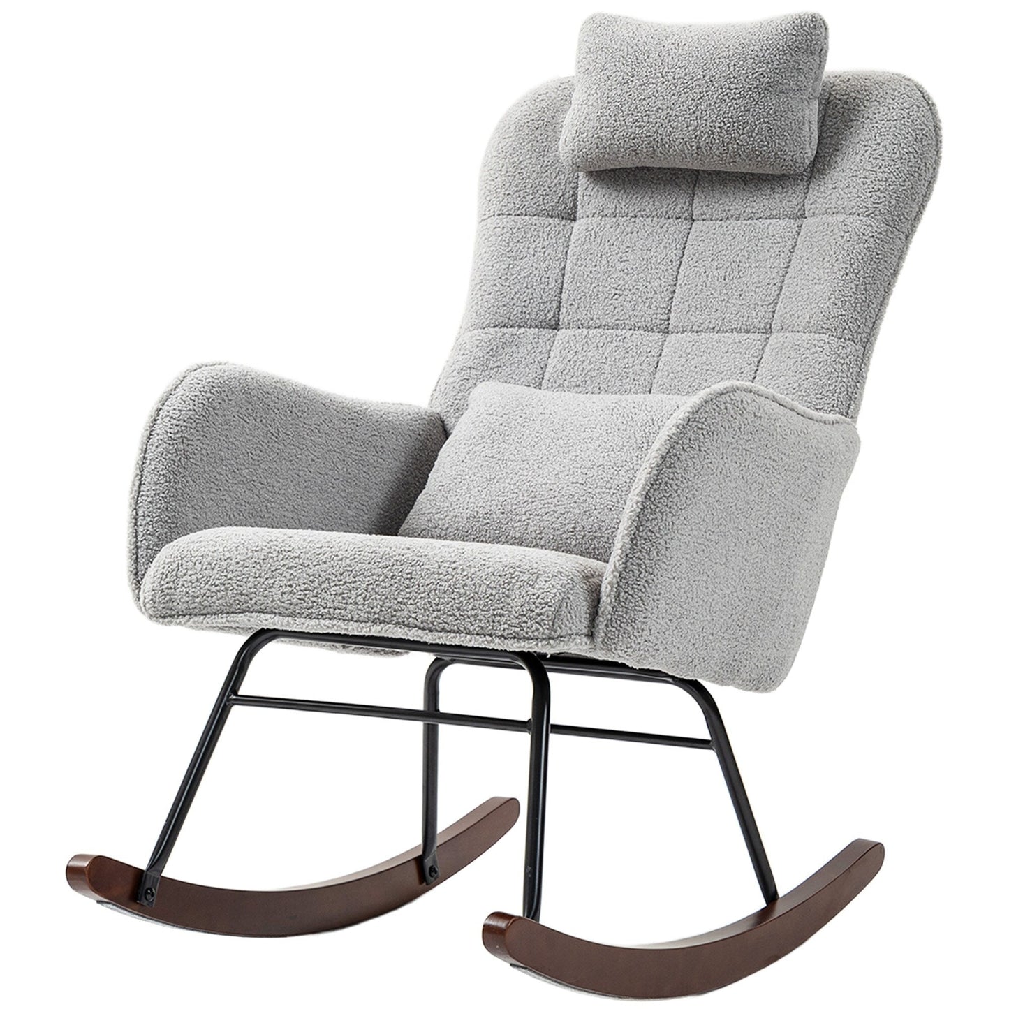 Fauteuil à bascule rembourré moderne pour chambre d'enfant avec dossier haut, appui-tête et coussin lombaire pour salon ou chambre