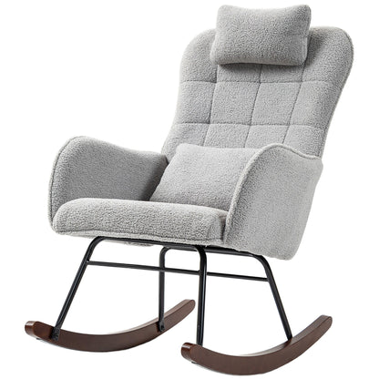 Fauteuil à bascule rembourré moderne pour chambre d'enfant avec dossier haut, appui-tête et coussin lombaire pour salon ou chambre