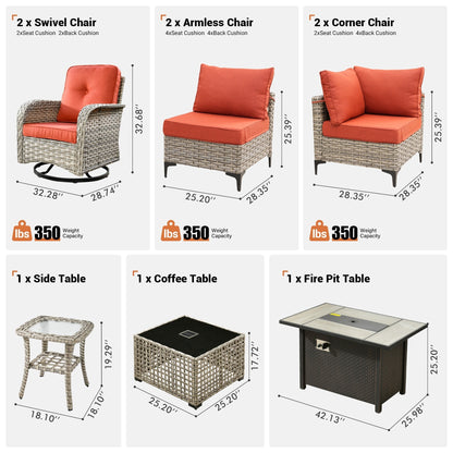 Ensemble de 9 chaises pivotantes d'extérieur en osier OVIOS avec table à feu