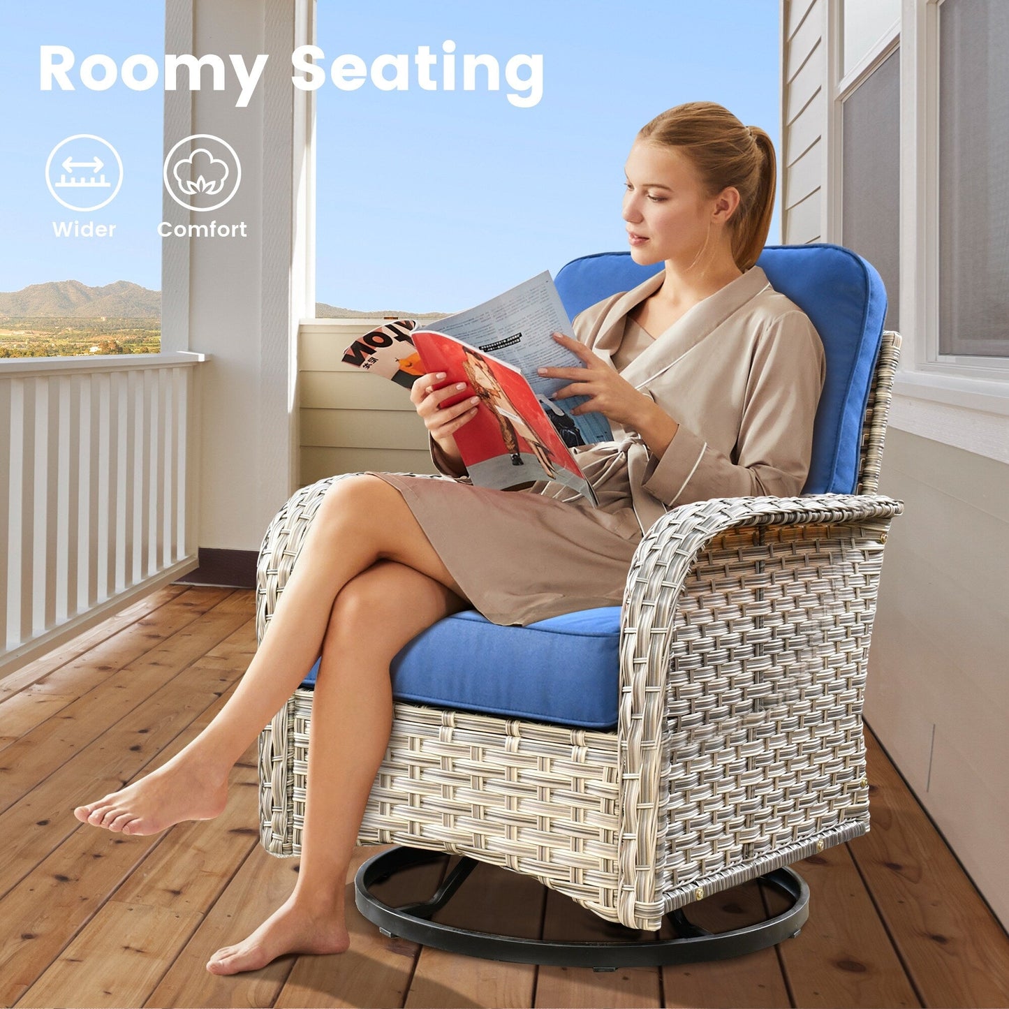 Ensemble de 9 chaises pivotantes d'extérieur en osier OVIOS avec table à feu