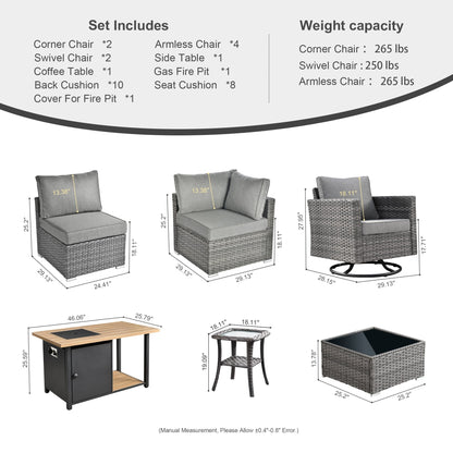 Ensemble de salon sectionnel OVIOS en osier à siège profond, 11 pièces, chaises pivotantes, foyer