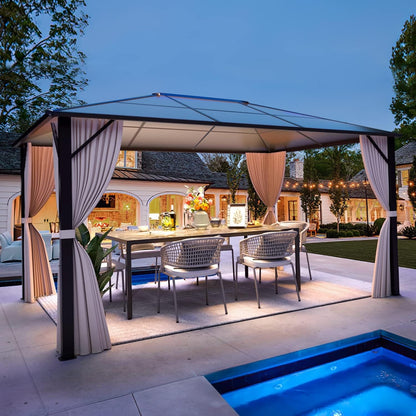 Gazebo à toit rigide EROMMY, pergola d'extérieur avec double toit, filet et rideaux, auvent robuste pour patio, arrière-cour, fête au bord de la piscine