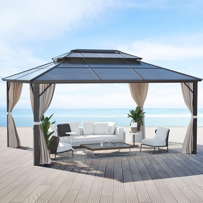 Gazebo à toit rigide EROMMY, pergola d'extérieur avec double toit, filet et rideaux, auvent robuste pour patio, arrière-cour, fête au bord de la piscine