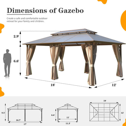 Gazebo à toit rigide EROMMY, pergola d'extérieur avec double toit, filet et rideaux, auvent robuste pour patio, arrière-cour, fête au bord de la piscine