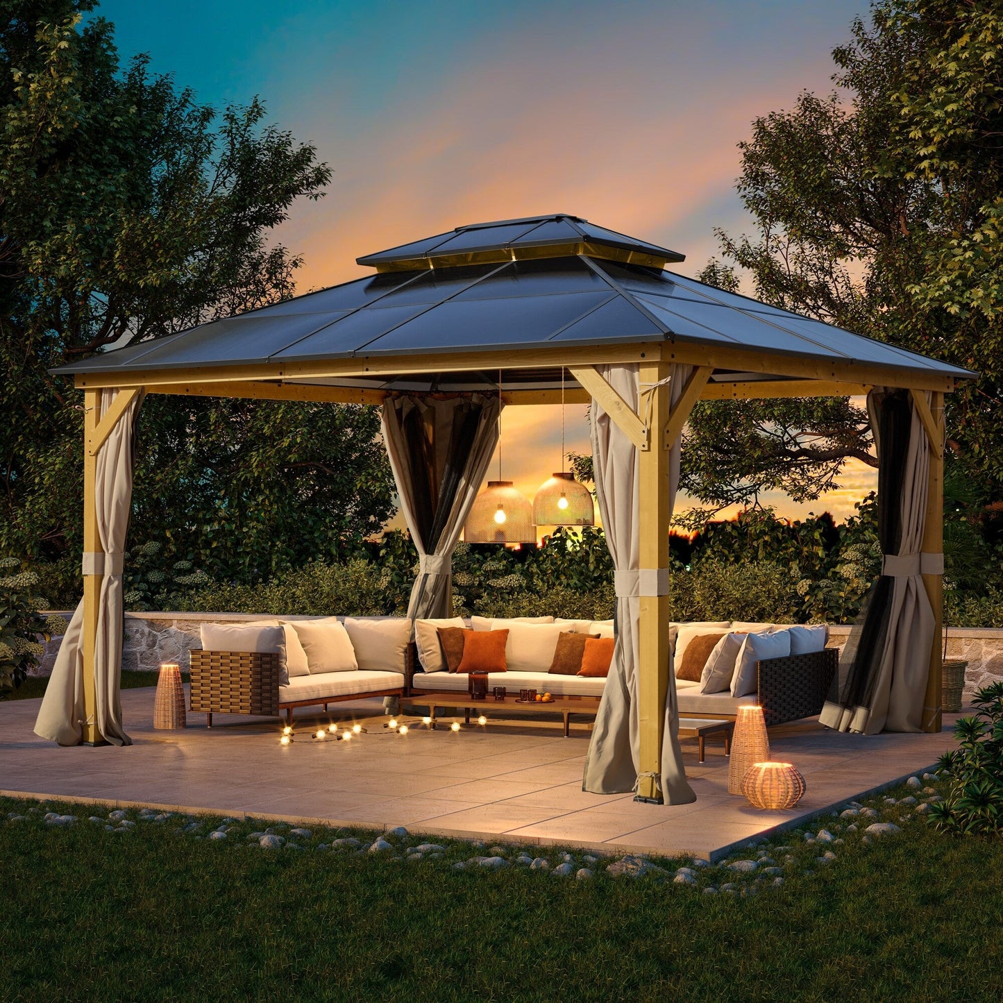 Gazebo à toit rigide EROMMY, pergola d'extérieur avec double toit, filet et rideaux, auvent robuste pour patio, arrière-cour, fête au bord de la piscine