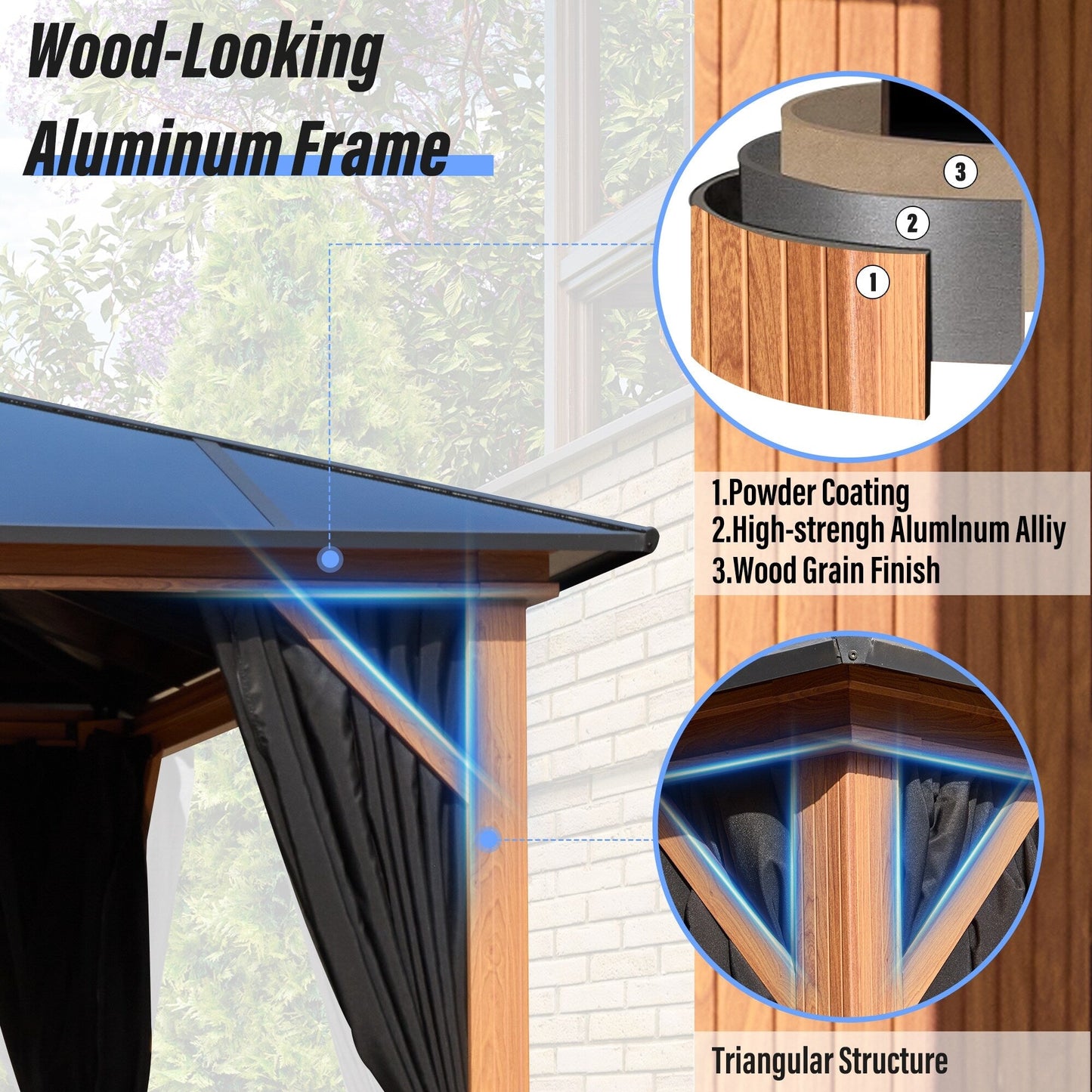 Gazebo à toit rigide EROMMY, pergola d'extérieur avec double toit, filet et rideaux, auvent robuste pour patio, arrière-cour, fête au bord de la piscine