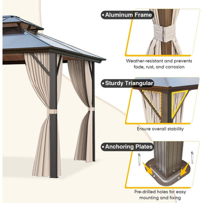 Tonnelle à toit rigide pour jardin – Pergola permanente avec filet, rideaux et double toit, abri extérieur toutes saisons
