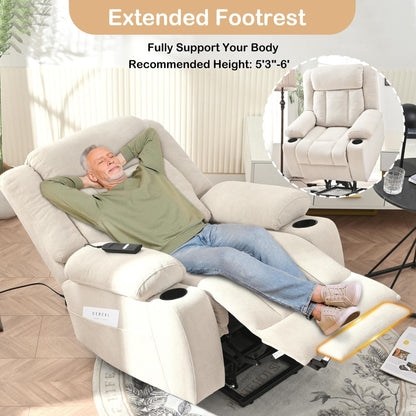 Fauteuil releveur électrique pour personnes âgées, en tissu, avec repose-pieds allongé, 2 porte-gobelets, poches latérales et télécommande.