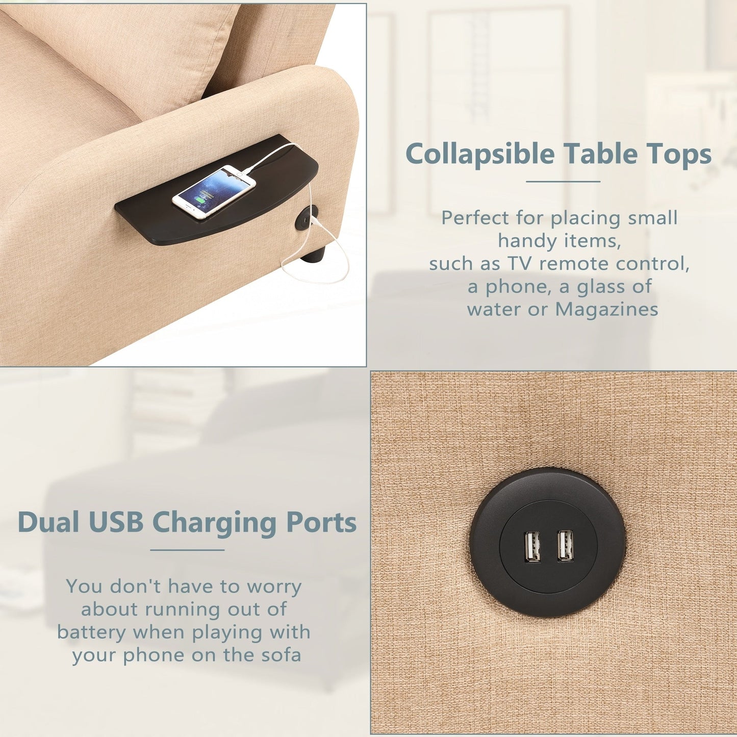 Canapé-lit gigogne 3 en 1 avec table à 2 oreilles