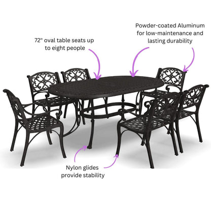 Ensemble de salle à manger d'extérieur en aluminium bronze Sanibel 7 pièces avec table à manger ovale de 72 pouces et six fauteuils par Homestyles