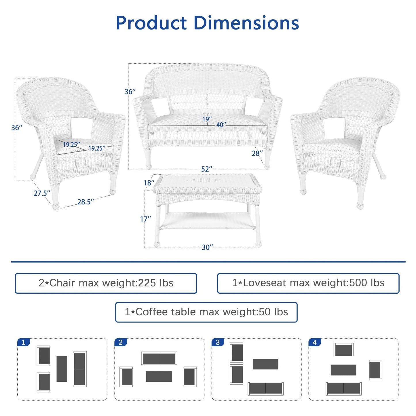 Ensemble de conversation 4 pièces pour patio en osier